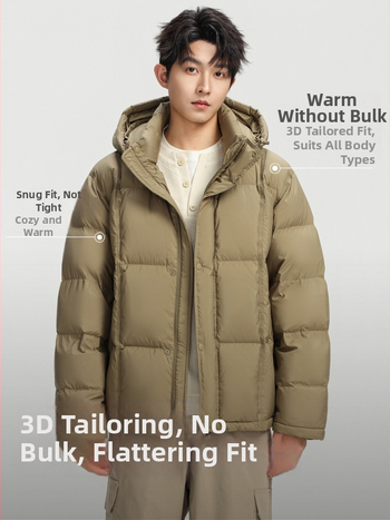 Vyriska stora pūkinė žieminė striukė su gobtuvu, užtrauktuku; ilgis 50–65 cm; poliesterio viršus ir pamušalas; pūko užpildas 86–90%