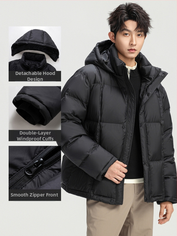 Vyriska stora pūkinė žieminė striukė su gobtuvu, užtrauktuku; ilgis 50–65 cm; poliesterio viršus ir pamušalas; pūko užpildas 86–90%