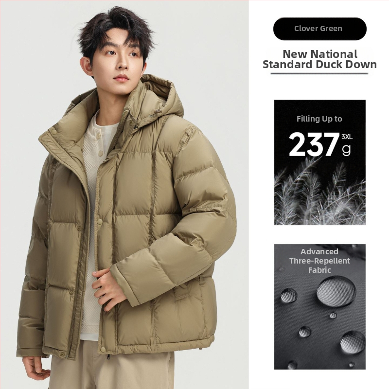 Vyriska stora pūkinė žieminė striukė su gobtuvu, užtrauktuku; ilgis 50–65 cm; poliesterio viršus ir pamušalas; pūko užpildas 86–90%