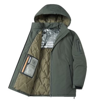 Férfi téli kapucnis grafén-melegítő kabát poliészter töltettel, cipzárral, oldalsó zsebekkel, középhosszú