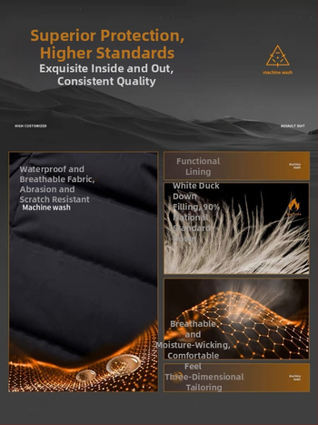 Pūkinė žieminė striukė sportui: atspari vandeniui ir vėjui, ekstremaliai šaltai apsaugai (-30°C–-15°C), 86–90% balto antis pūko užpildas, gobtuvas