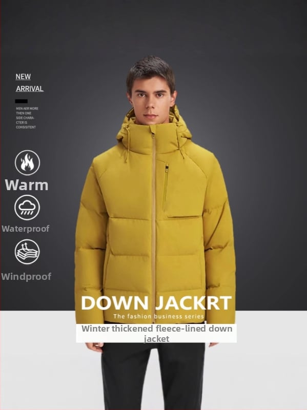 Pūkinė žieminė striukė sportui: atspari vandeniui ir vėjui, ekstremaliai šaltai apsaugai (-30°C–-15°C), 86–90% balto antis pūko užpildas, gobtuvas