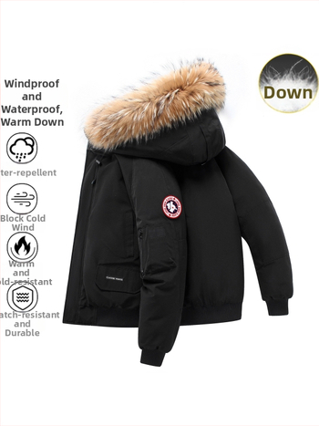 Ekstremaliai šaltam orui lauko striukė su žąsų pūkais, trumpas siluetas su piloto kapucīšu, 300 g pūkų užpildo, 86–90% žąsų pūkų, vėjo ir vandeniui atspari