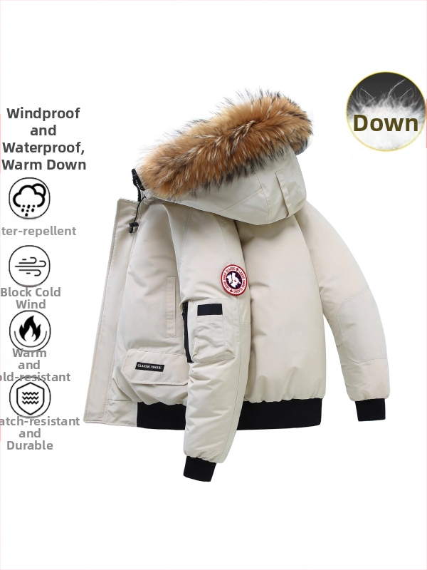 Ekstremaliai šaltam orui lauko striukė su žąsų pūkais, trumpas siluetas su piloto kapucīšu, 300 g pūkų užpildo, 86–90% žąsų pūkų, vėjo ir vandeniui atspari