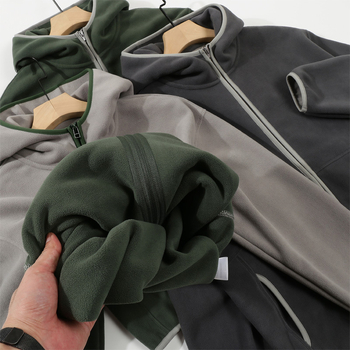 Cardigan bărbați cu glugă din polar, fermoar, design color-block, haină de iarnă