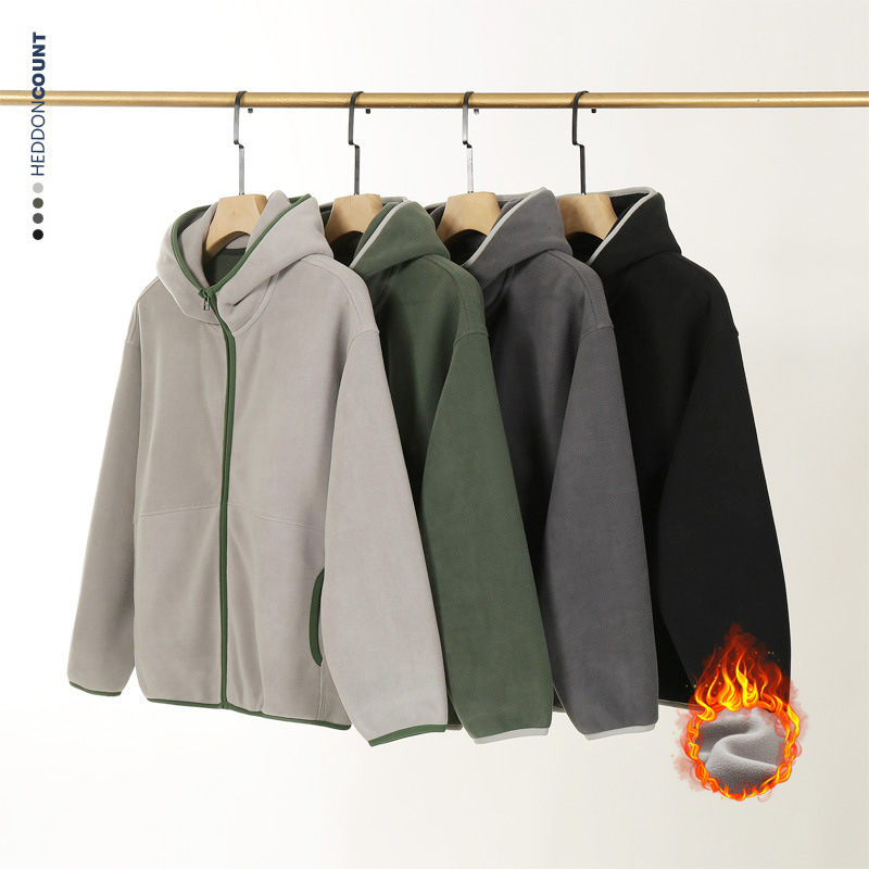 Cardigan bărbați cu glugă din polar, fermoar, design color-block, haină de iarnă