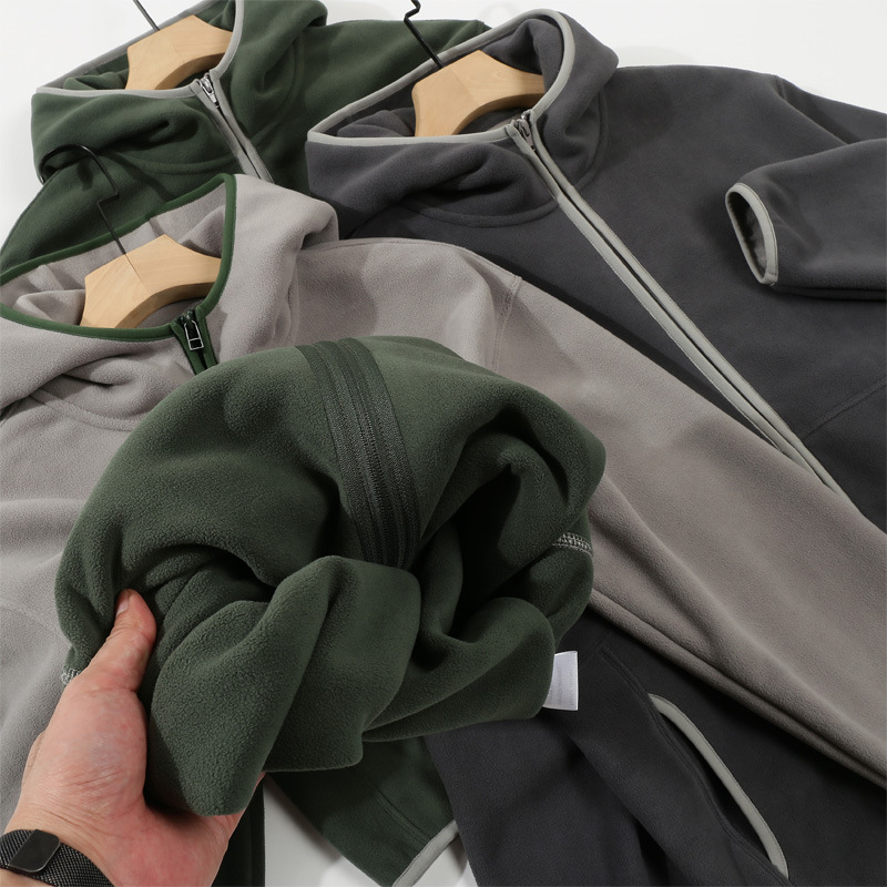 Cardigan bărbați cu glugă din polar, fermoar, design color-block, haină de iarnă