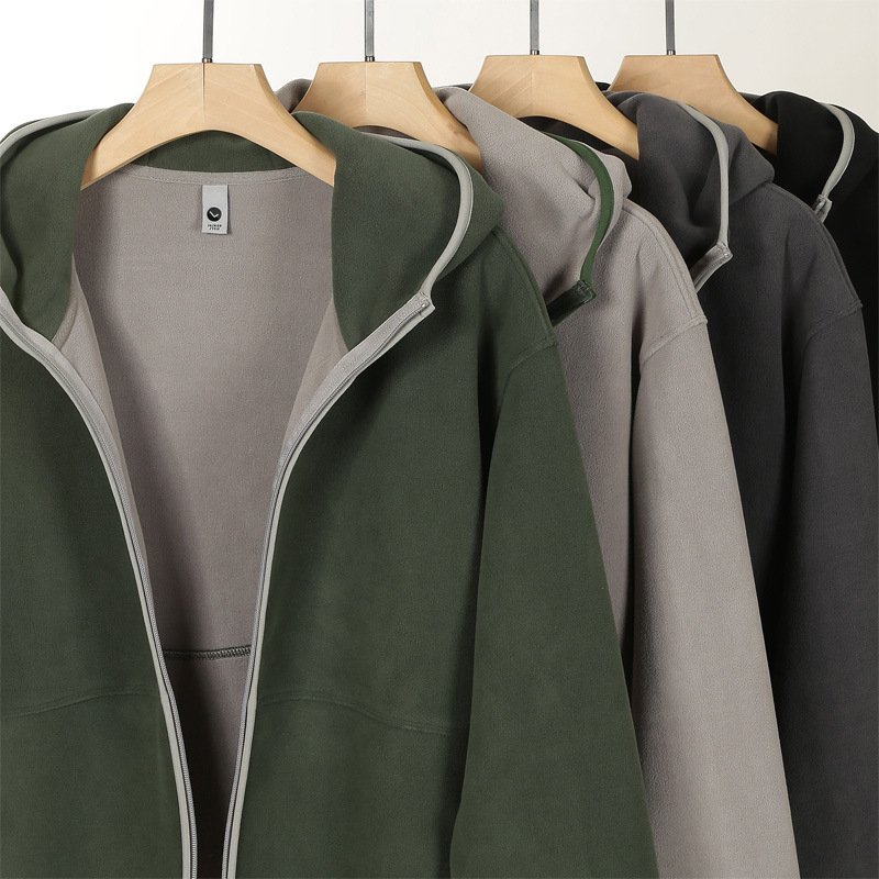 Cardigan bărbați cu glugă din polar, fermoar, design color-block, haină de iarnă