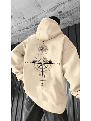Muški hoodie s natpisom slova, širok kroj, kapuljača, poliester, svakodnevni streetwear, 2025
