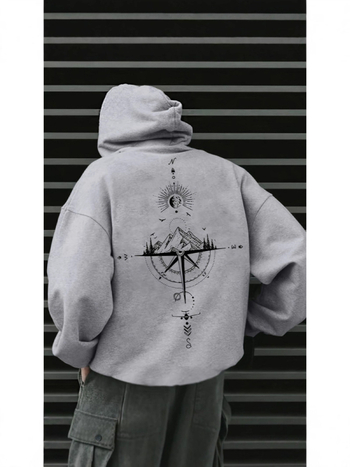 Muški hoodie s natpisom slova, širok kroj, kapuljača, poliester, svakodnevni streetwear, 2025