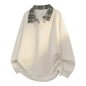 Muški hoodie s kapuljom i polo ovratnikom, karirani patchwork, retro američki stil, plus veličina