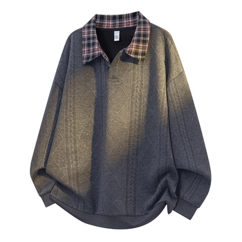 Muški hoodie s kapuljom i polo ovratnikom, karirani patchwork, retro američki stil, plus veličina
