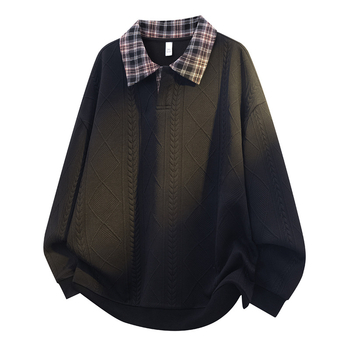 Muški hoodie s kapuljom i polo ovratnikom, karirani patchwork, retro američki stil, plus veličina