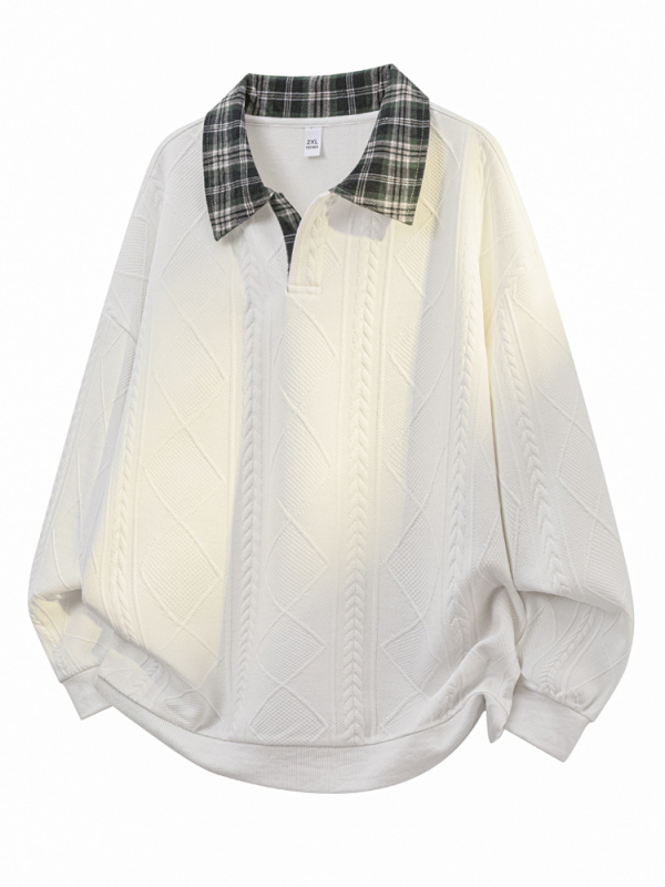 Muški hoodie s kapuljom i polo ovratnikom, karirani patchwork, retro američki stil, plus veličina