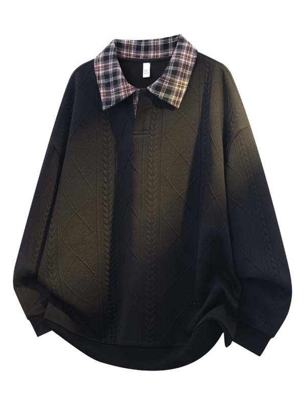 Muški hoodie s kapuljom i polo ovratnikom, karirani patchwork, retro američki stil, plus veličina