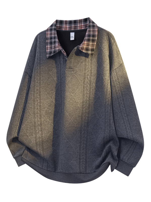 Muški hoodie s kapuljom i polo ovratnikom, karirani patchwork, retro američki stil, plus veličina
