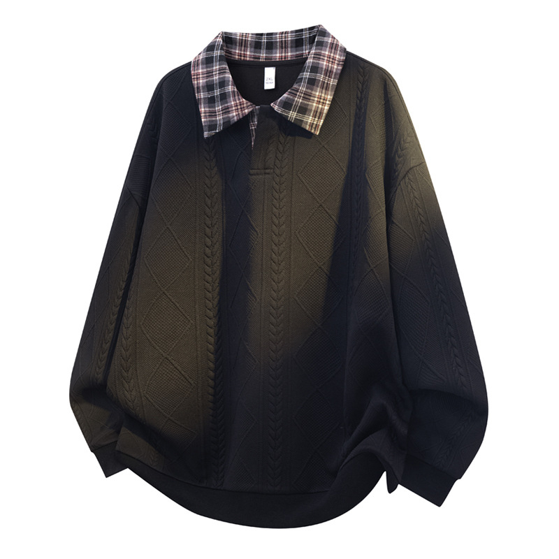 Muški hoodie s kapuljom i polo ovratnikom, karirani patchwork, retro američki stil, plus veličina
