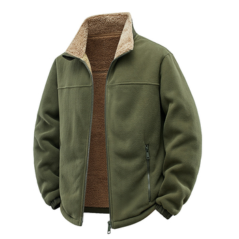 Muška fleece jakna sa stojećim ovratnikom, prednji zip, džepovi sa zipom, corduroy materijal s krznenim zeca 96%+, jednostavna boja, mladenački stil