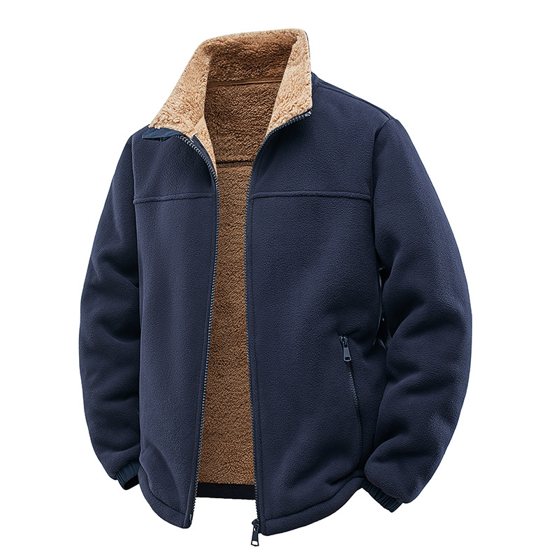 Muška fleece jakna sa stojećim ovratnikom, prednji zip, džepovi sa zipom, corduroy materijal s krznenim zeca 96%+, jednostavna boja, mladenački stil