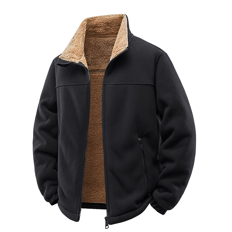 Muška fleece jakna sa stojećim ovratnikom, prednji zip, džepovi sa zipom, corduroy materijal s krznenim zeca 96%+, jednostavna boja, mladenački stil