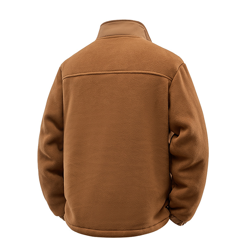 Muška fleece jakna sa stojećim ovratnikom, prednji zip, džepovi sa zipom, corduroy materijal s krznenim zeca 96%+, jednostavna boja, mladenački stil