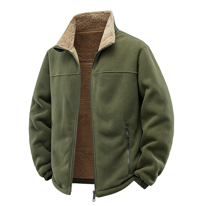 Muška fleece jakna sa stojećim ovratnikom, prednji zip, džepovi sa zipom, corduroy materijal s krznenim zeca 96%+, jednostavna boja, mladenački stil