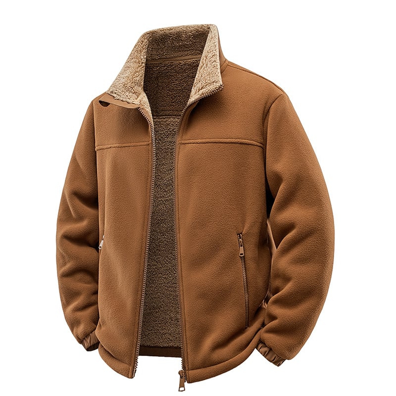 Muška fleece jakna sa stojećim ovratnikom, prednji zip, džepovi sa zipom, corduroy materijal s krznenim zeca 96%+, jednostavna boja, mladenački stil