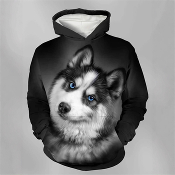 Muški hoodie s 3D otiskom huskyja, poliester, kapuljača, okrugli izrez, slobodan kroj