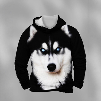 Muški hoodie s 3D otiskom huskyja, poliester, kapuljača, okrugli izrez, slobodan kroj