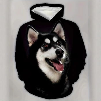 Muški hoodie s 3D otiskom huskyja, poliester, kapuljača, okrugli izrez, slobodan kroj