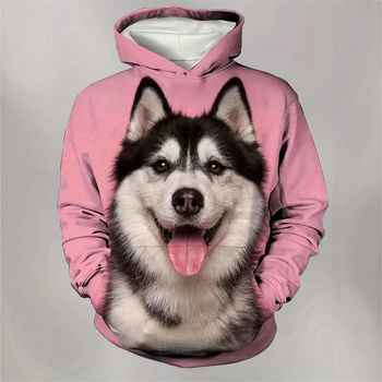 Muški hoodie s 3D otiskom huskyja, poliester, kapuljača, okrugli izrez, slobodan kroj