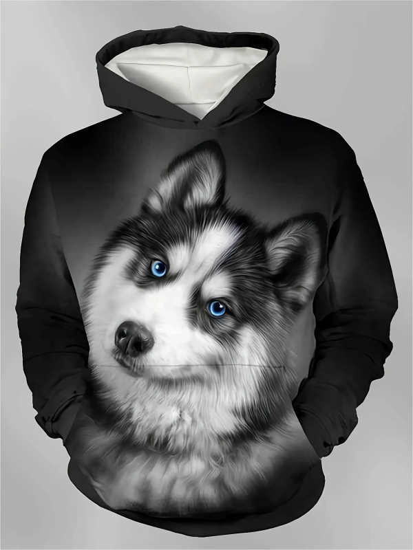 Muški hoodie s 3D otiskom huskyja, poliester, kapuljača, okrugli izrez, slobodan kroj