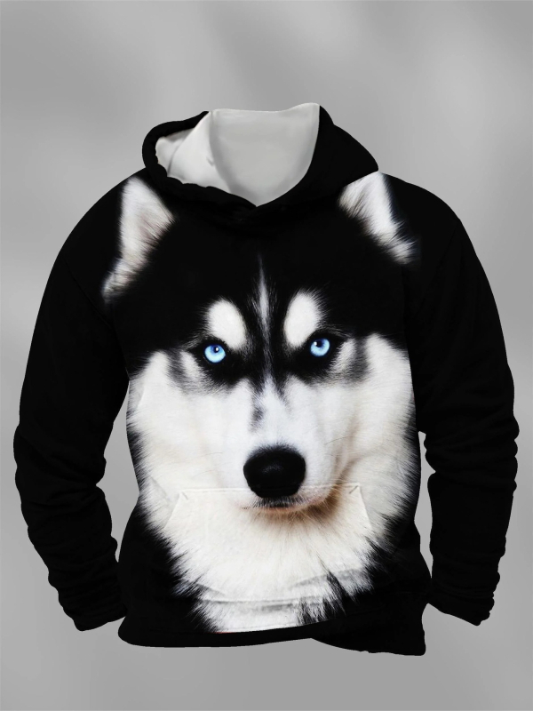 Muški hoodie s 3D otiskom huskyja, poliester, kapuljača, okrugli izrez, slobodan kroj