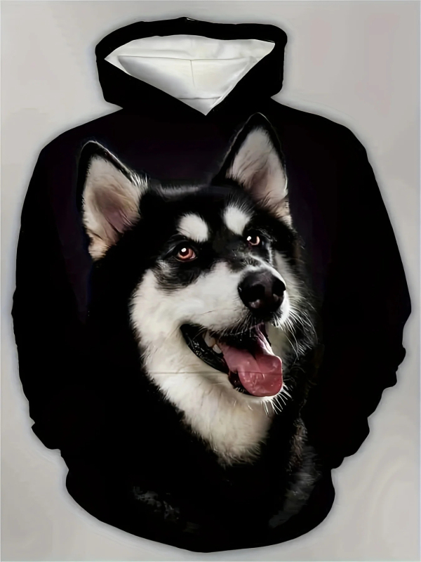 Muški hoodie s 3D otiskom huskyja, poliester, kapuljača, okrugli izrez, slobodan kroj