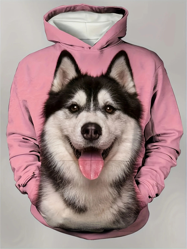Muški hoodie s 3D otiskom huskyja, poliester, kapuljača, okrugli izrez, slobodan kroj