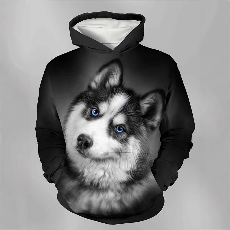 Muški hoodie s 3D otiskom huskyja, poliester, kapuljača, okrugli izrez, slobodan kroj
