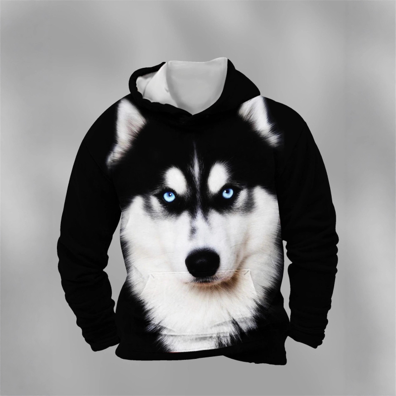 Muški hoodie s 3D otiskom huskyja, poliester, kapuljača, okrugli izrez, slobodan kroj