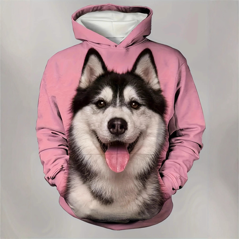 Muški hoodie s 3D otiskom huskyja, poliester, kapuljača, okrugli izrez, slobodan kroj