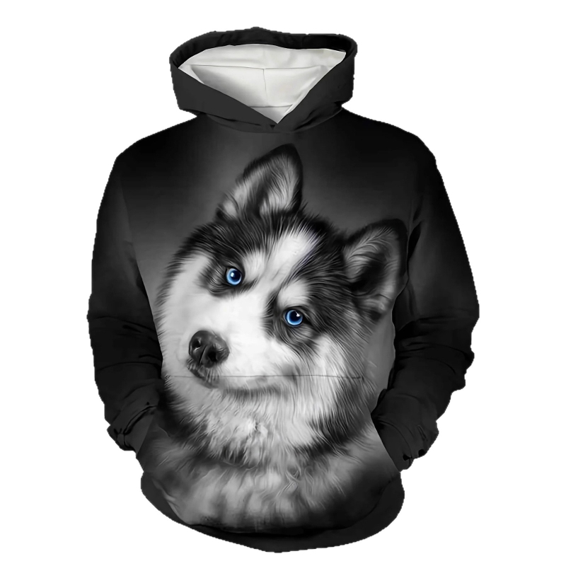 Muški hoodie s 3D otiskom huskyja, poliester, kapuljača, okrugli izrez, slobodan kroj