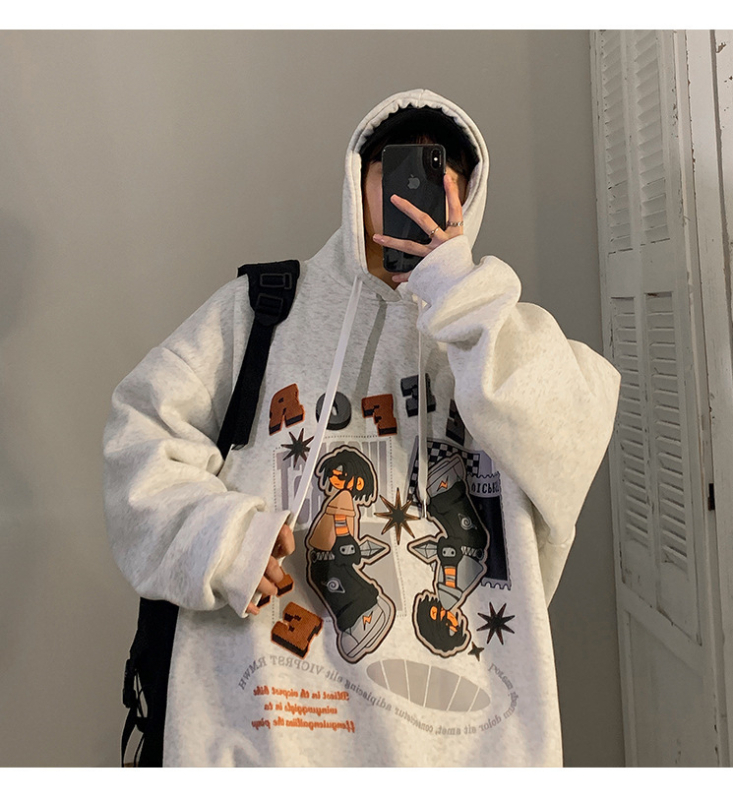 Oversized hoodie pulover s kapuljom, korejskog stila, labav kroj, natpis slovima, 71–80% poliestera