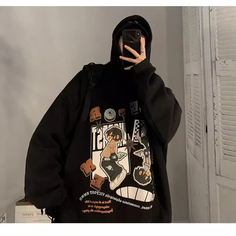 Oversized hoodie pulover s kapuljom, korejskog stila, labav kroj, natpis slovima, 71–80% poliestera