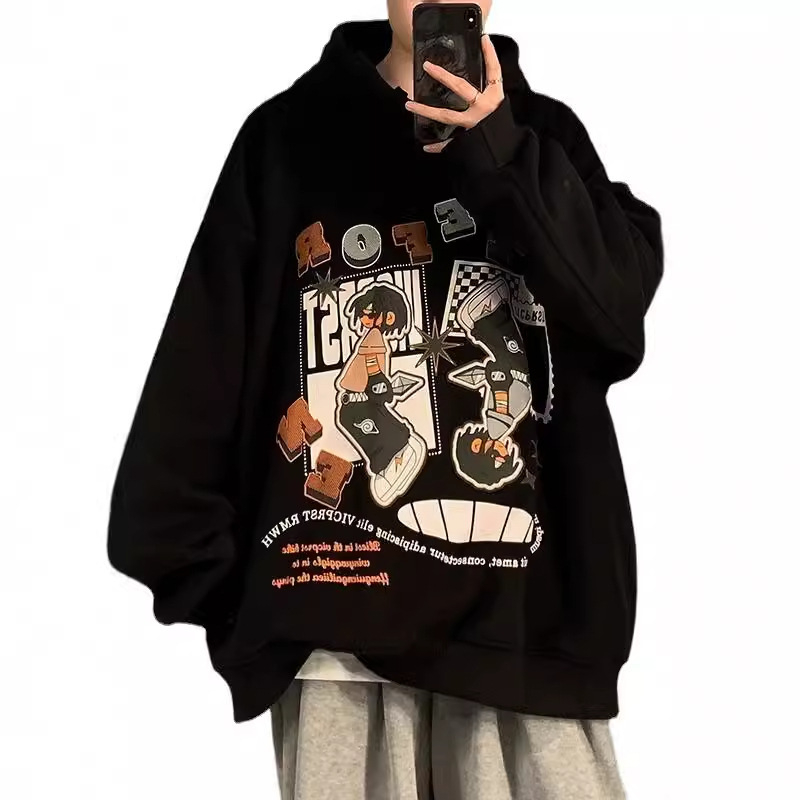Oversized hoodie pulover s kapuljom, korejskog stila, labav kroj, natpis slovima, 71–80% poliestera