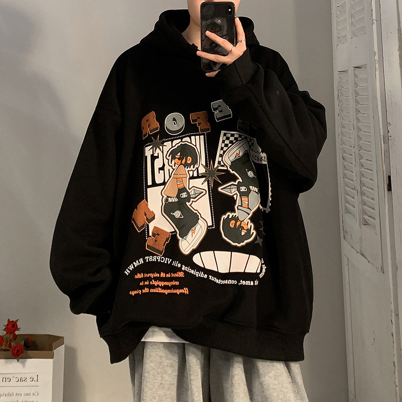 Oversized hoodie pulover s kapuljom, korejskog stila, labav kroj, natpis slovima, 71–80% poliestera