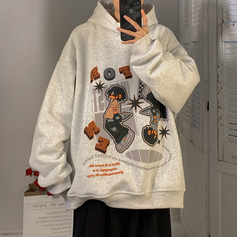 Oversized hoodie pulover s kapuljom, korejskog stila, labav kroj, natpis slovima, 71–80% poliestera