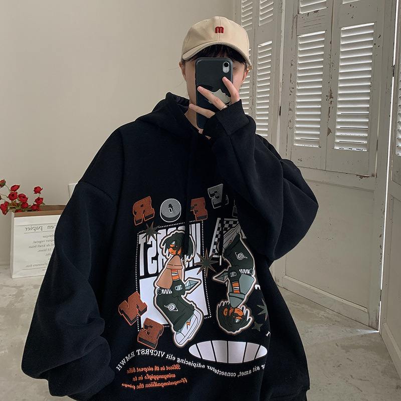 Oversized hoodie pulover s kapuljom, korejskog stila, labav kroj, natpis slovima, 71–80% poliestera