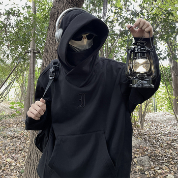 Muški hoodie džemper – opušten kroj, Raglan rukavi, poliester, izvezeni natpisi s slovima, džepovi Ming patch dizajnom