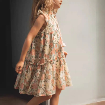 Детска памучна рокля, проста без ръкави, флорален принт