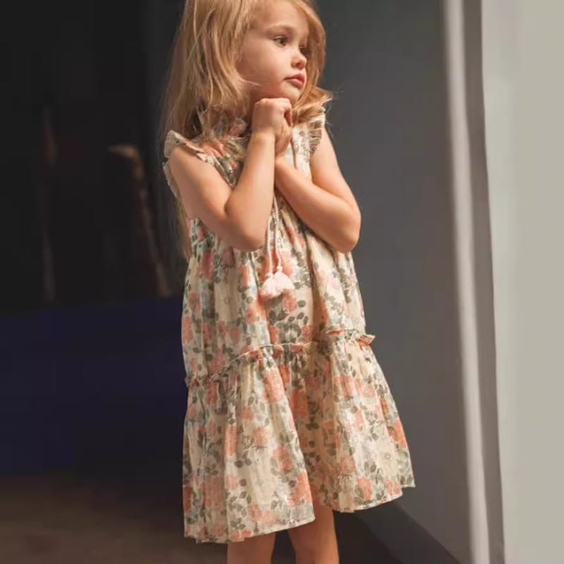 Детска памучна рокля, проста без ръкави, флорален принт