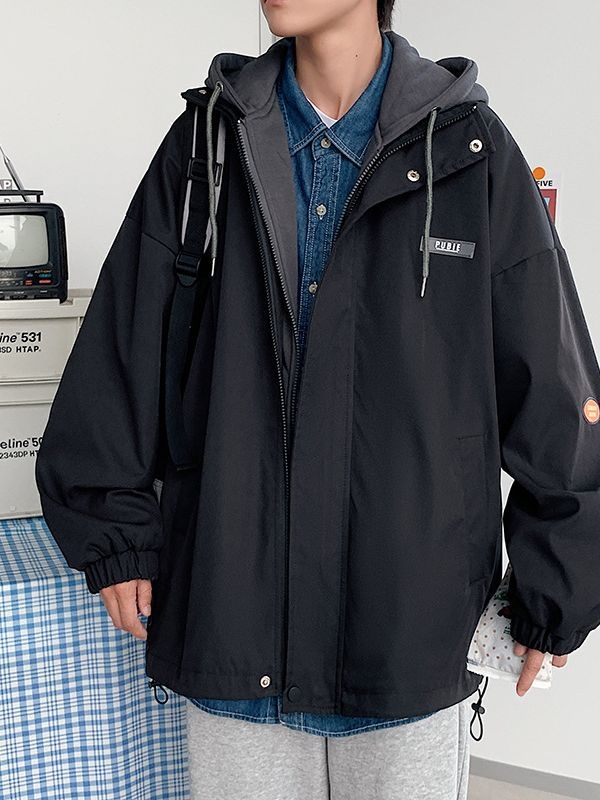 Muška jakna s kapuljom, windbreaker, udoban kroj, proljeće i jesen, jednobojna, izgled dvodijelnog kaputa