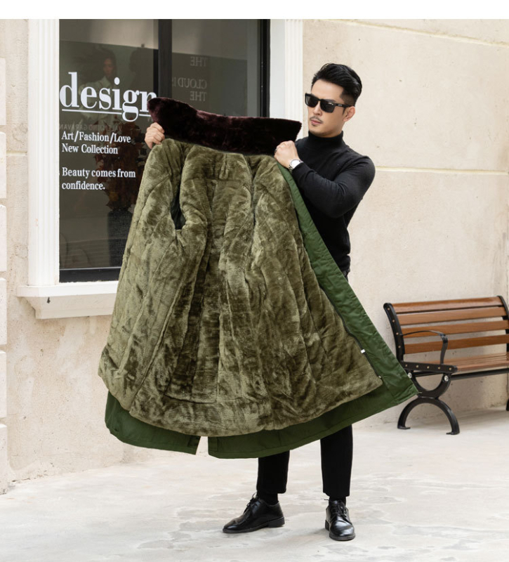 Ilgas medvilnės mišinio paltas su aksominiu pamušalu, dvigubu užsegimu